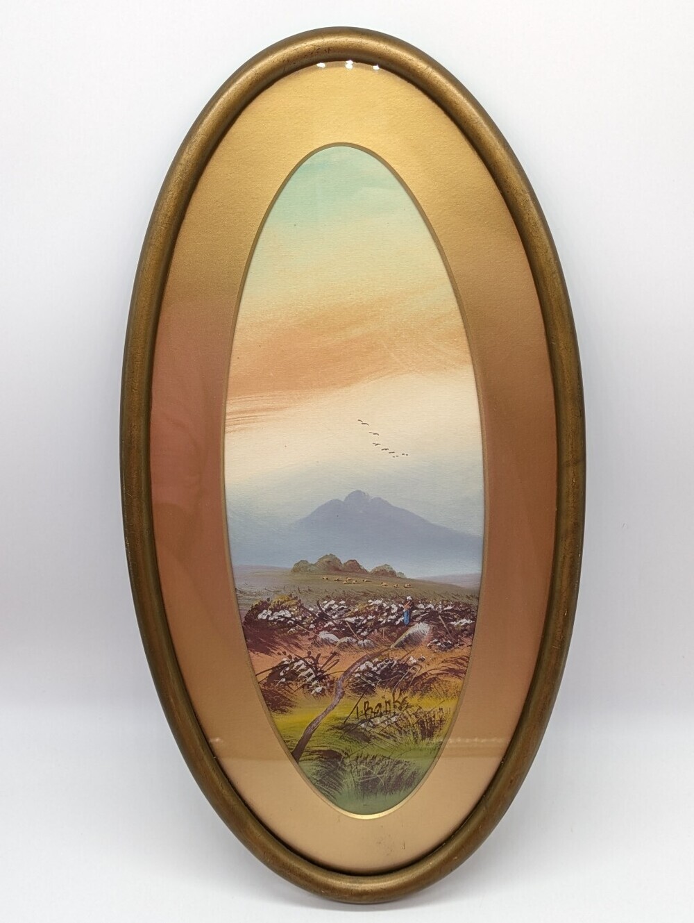 Vintage T Banks Landscape Mountain Hill Field Oval Painting